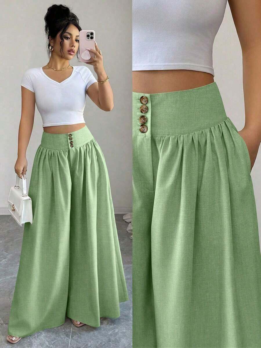 Nuevos pantalones anchos de mujer de estilo casual y elegante con diseño de hebilla floral, pantalones largos de lino de color caqui adecuados para primavera/verano, Acción de Gracias, Halloween, pantalones anchos y sueltos versátiles, pantalones - Verde Limelight - Ver 1