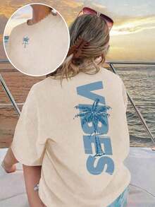 Camiseta de manga corta con cuello redondo y estampado minimalista de palmera para mujer, sencilla y versátil, adecuada para uso diario y de vacaciones. Camiseta con Estampado, Mujer, Blanco, Negro, Rosa, Vacaciones de Verano - Albaricoque 3 - Ver 8