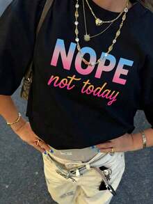 Camiseta de manga corta de mujer de ajuste holgado con cuello redondo y estampado de eslogan, nueva y casual para el verano, moda diaria y de vacaciones, adecuada para el día a día y las vacaciones - Negro 2 - Ver 6