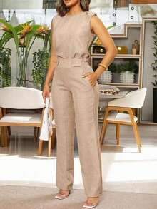 Women Sleeveless Casual Elegant Top And Pants Set With Slant Pockets & Button Details Summer - 卡其色 - 查看 17