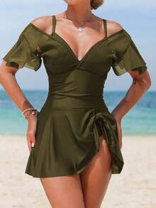 Vestido de traje de baño de una pieza con cuello en V, mangas con volantes, parches de malla y unicolor, nuevo lanzamiento de verano para mujeres - Verde militar - Ver 4