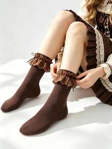 A Pair Of Lolita-Style Coffee Color Lace Bow Mid-Calf Socks, Suitable For All Seasons, Sweet Essential Coffee-Colored Lace Layered Socks, Compatible With JK/Lolita/Loafers/Ballet Style - Coffee Brown - View 2