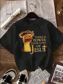 Playera mujer con estampado de eslogan, cuello redondo, manga corta, casual, versátil, negra, casual diario. - Negro - Ver 7