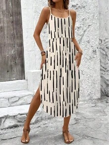 Vestido de verano con tirantes finos para mujer con cinturón y abertura lateral - Vestido fluido informal sin mangas - Beis - Ver 4