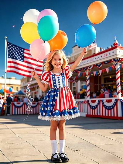 1pc Girls Casual 4th Of July Red & White Striped Star Pattern Soft Comfortable Jacquard Fabric Lace Trim Mid-Length Dress, Suitable For Outdoor Wear, Spring/Summer