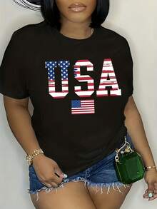 Short Sleeve Round Neck Top With USA Flag Print - Black - View 2