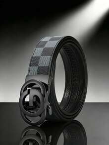 Men's Luxury Ratchet Automatic Buckle PU Leather Belt, Fashion Checkered Pattern Double Circle G‑Letter Buckle Business Casual Formal Dress Belt. Adjustable Scratch‑Resistant Alloy Buckle Waist Strap, Ideal For Work Daily Wear Party Anniversary Gift, Designer Men's Belt Fits All Formal & Casual Outfits - Multicolor - View 8