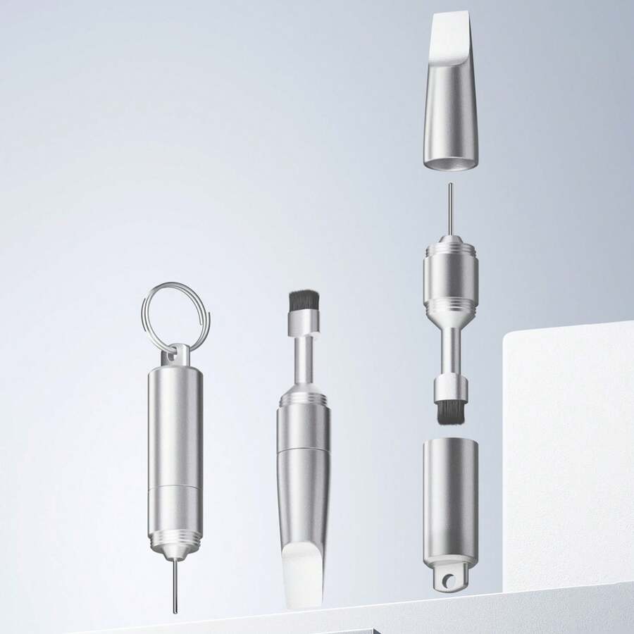 Bộ dụng cụ 3 trong 1 màu bạc, đa năng với chức năng đẩy khay SIM, tua vít và móc khóa. Dụng cụ tháo thẻ IM, que reset, bàn chải vệ sinh tai nghe. Và các phụ kiện khác cho các bữa tiệc.
