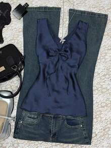 Camiseta sin mangas de moda casual con cuello en V y lazo frontal para mujer - Azul marino - Ver 5