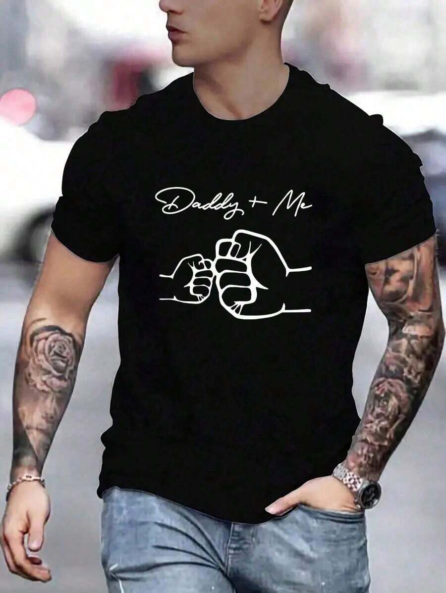 Camiseta casual de cuello redondo de manga corta para hombre con estampado de mano y letra - Negro - Ver 1