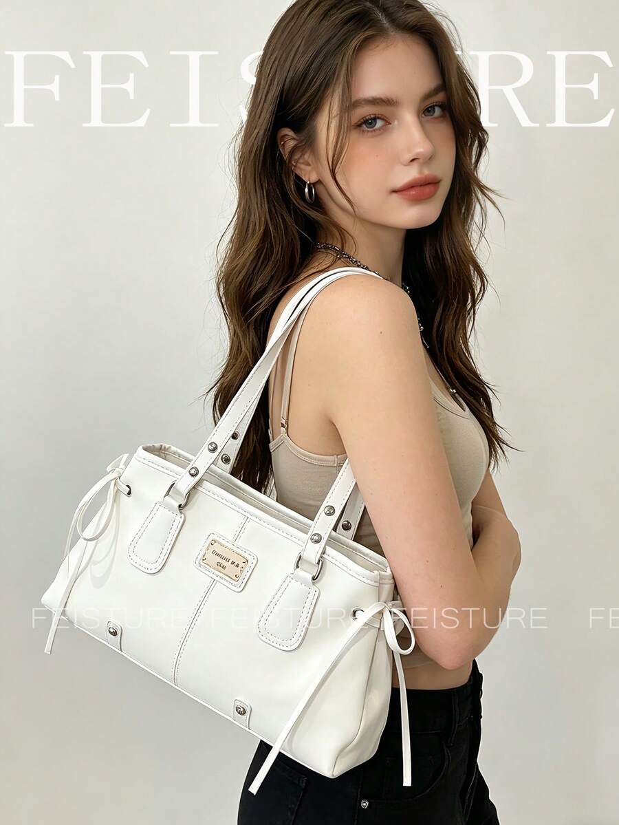 1pc FEISTURE Fashion One Shoulder Underarm Bag, Large Capacity Women's Tie Commuter Bag, Suitable For Daily Outings, Dates, And Commuting - White - View 1