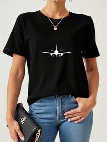 Airplane Graphic Print T-Shirt - Soft, Breathable, Comfortable Polyester Blend Short-Sleeve Casual Summer Sportswear, Easy To Care For, Quick-Drying, - 黑色 - 查看 3