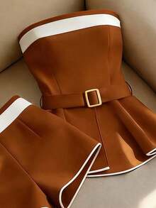 Conjunto de 2 piezas de top bandeau decorado y shorts de moda para mujer - Naranja Coral - Ver 3