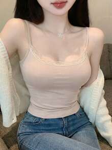 Áo hai dây ren cổ chữ U gợi cảm khoe ngực dành cho nữ, có đệm ngực, áo lót ôm sát. - Hồng - Xem 2