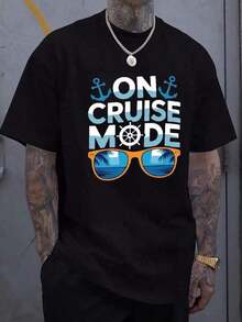 Camia Gráfica para Hombre "Cruise Mode" - Negra con Estampado de Ancla Azul y Gafas, Camia de Verano para Vacaciones y Viajes, Manga Corta Casual, Corte Regular, Perfecta para Playa y Piscina, Camia de Vacaciones Transpirable y Cómoda. - Negro - Ver 1