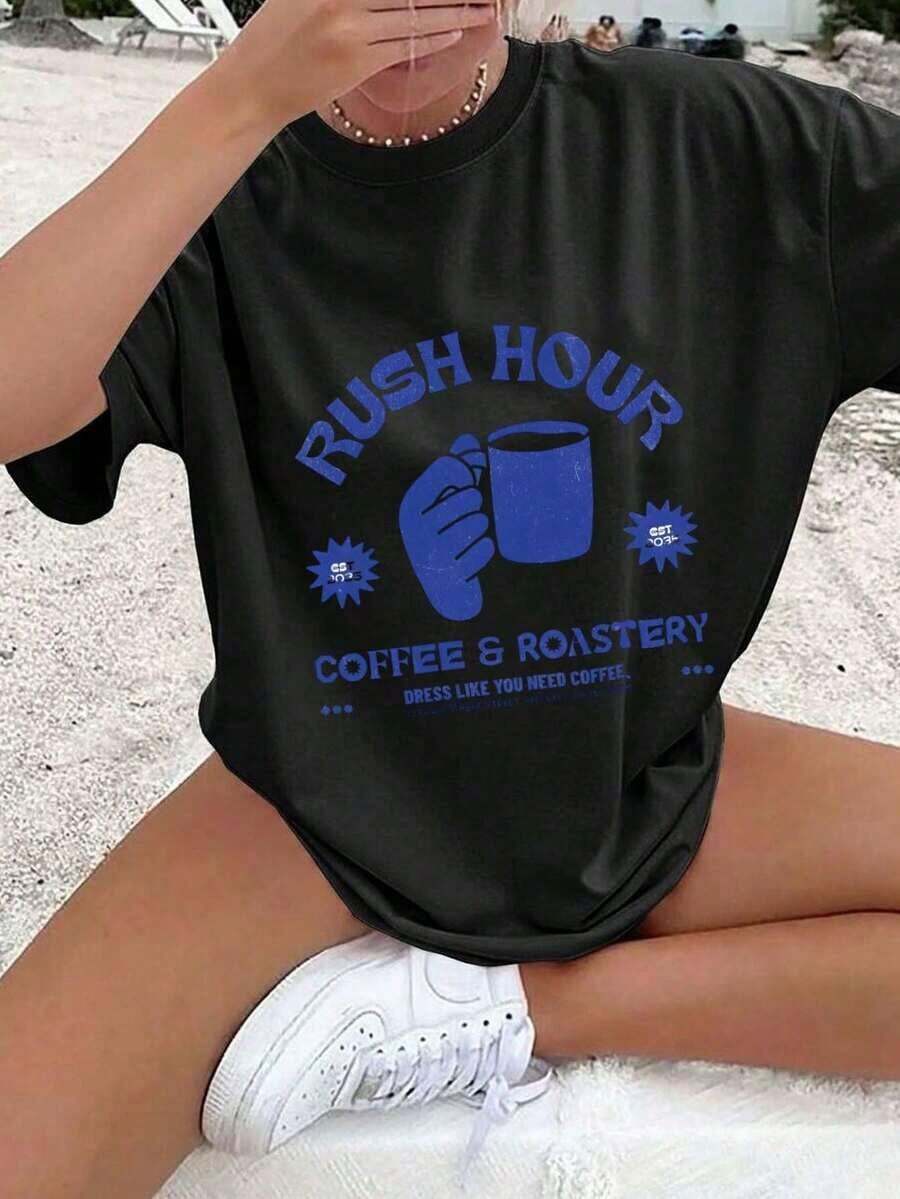 Women's Black T-Shirt With Coffee Print "Rush Hour" Blue T-Shirt With Letters Oversize Casual Urban Style Short Sleeve Round Neck Minimalist Top Korean Retro Grunge Style - 黑色 - 查看 1