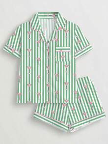 HOREA 2pcs Women's Sleepwear Set, Green Striped Wine Glass Print, Comfortable Shirt Collar Short Sleeve Top And Elastic Waist Shorts, Suitable For Parties, Casual Outdoor And Home Wear - 綠色 - 查看 1