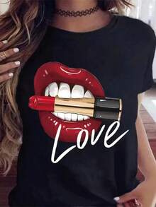 Camia Casual de Manga Corta con Cuello Redondo y Estampado de Letras y Labios para Mujer, Transpirable y Cómoda - Negro - Ver 1
