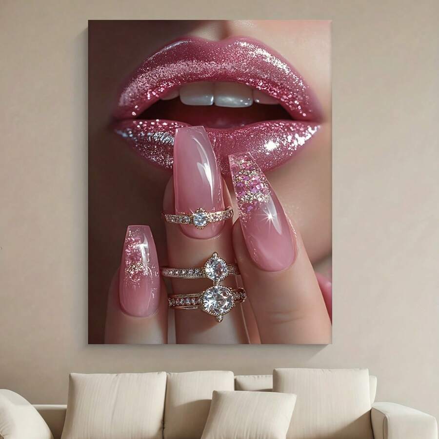 Enmarcado  en lienzo enmarcado 2D plano, 1 unidad, con labios rosas grandes y anillo de s. Arte abstracto glamuroso para pared con acabado . Decoración de lujo lista para colgar en la sala de estar, el dormitorio o la oficina. Regalo ideal para el Día de San Valentín, cumpleaños o Pascua (40 x 60 cm). - Enmarcado - Ver 1
