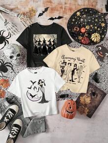 Single Garment Pack, Not A 3-Piece Set, 1 Piece/Set Of Long-Sleeved T-Shirts Suitable For Streetwear, Oversized Round Neck Top For Daily Outings, Camping, Concerts, Hip-Hop, Rock, And Rap Events, Printed T-Shirts For Women, Straight Cut, Short Sleeves, Round Neck, Halloween T-Shirt - 白色 - 查看 1
