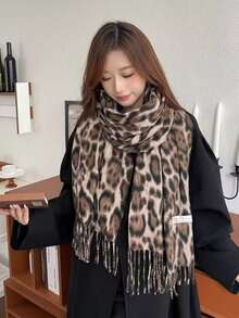 Thick Cashmere Scarf With Leopard Print And Fringe, Perfect For Autumn And Winter 220G - 卡其色 - 查看 5