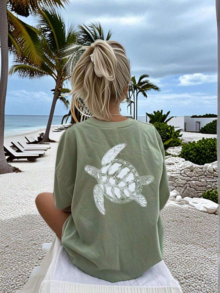 Women's Loose-Fitting Short-Sleeved T-Shirt With Whale Shark Print, Soft And Breathable, Ideal For Beach, Travel, Ocean Adventures, Music Festivals And Casual Urban Summer Wear. - 綠色 - 查看 1