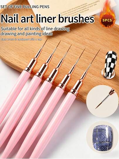 5pcs/Set Nail Art Liner Brush Set, Fine Line Striping Brush, UV Gel Painting Pen, Nail Design Brush, Professional Nail Art Tools For Beginners, Nail Salons, DIY Home Use, Suitable For Girls/Women, Ideal For French Manicure