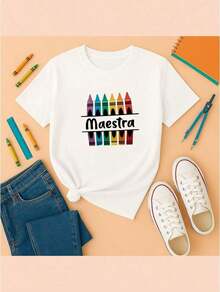 Camiseta casual para mujer, sencilla y versátil, con estampado de crayones para el Día del Maestro, de manga corta y cuello redondo, adecuada para usar en primavera y verano, ideal para el uso diario, en casa y en la oficina. - Blanco - Ver 6