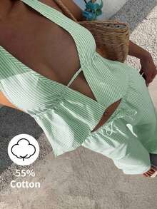 SunnyBelle 2 piezas Conjunto de mujer con rayas azules y blancas: Top halter sin espalda de cuello en V profundo de algodón y pantalones anchos de cintura alta con cordón, look casual de moda para vacaciones y uso diario, primavera/verano - Verde - Ver 1