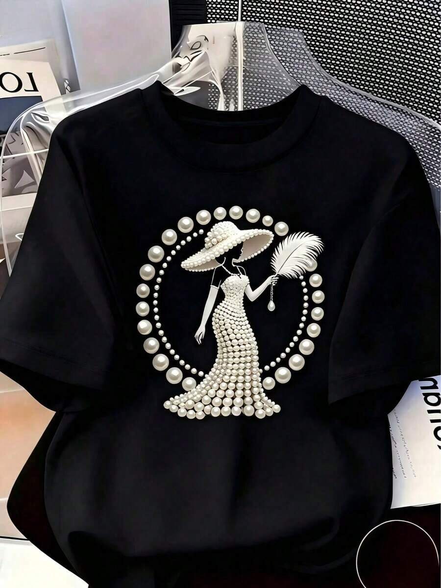 Fashionable Printed Regular Fit Clothing, New Spring/Summer 2026 Collection, Elegant, Lightweight Luxury, And High-End. Women's Printed T-Shirt - Adorned With Pearls And Crystals, With An Exquisite Lightweight Luxury Design, Perfect For Everyday Casual Wear, Round Neck And Short Sleeves For Spring And Summer In White - 黑色 - 查看 1