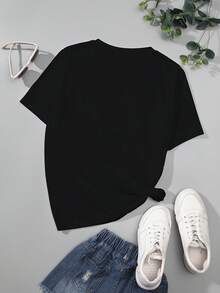 Camisetas de Mujer con Estampado de Letras, Camisetas de Colores Cómodas, Estilo Casual - Negro - Ver 3