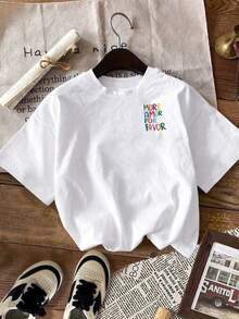 Áo thun tay ngắn cổ tròn màu trắng size lớn, in chữ và hình trái tim màu dopamine trước sau, phong cách casual đi làm mùa hè - trắng - Xem 4