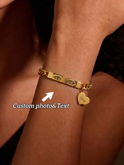1 chiếc vòng tay Cuban Link khắc chữ theo yêu cầu, có thể khắc ảnh/chữ, mặt dây chuyền hình trái tim, thép titan mạ vàng không phai màu, phong cách sang trọng độc đáo, quà tặng kỷ niệm cho cặp đôi/bạn thân, phụ kiện đa năng kiểu Âu và Mỹ, hỗ trợ khắc tên/mẫu cá nhân hóa, phụ kiện cao cấp để đeo hàng ngày.