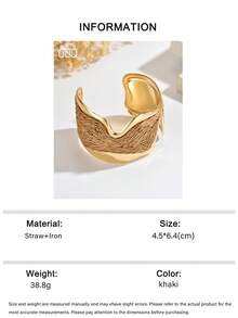 OOQ 1pc Minimalist Gold-Rimmed V-Shaped Woven Raffia Bracelet, Fashion Personalized Design Elegant Open Adjustable Size Bangle, Suitable For Holidays, Parties, Beach, Music Festivals, Galas (Handmade Raffia Weaving, Random Direction And Shape) - Khaki - View 8
