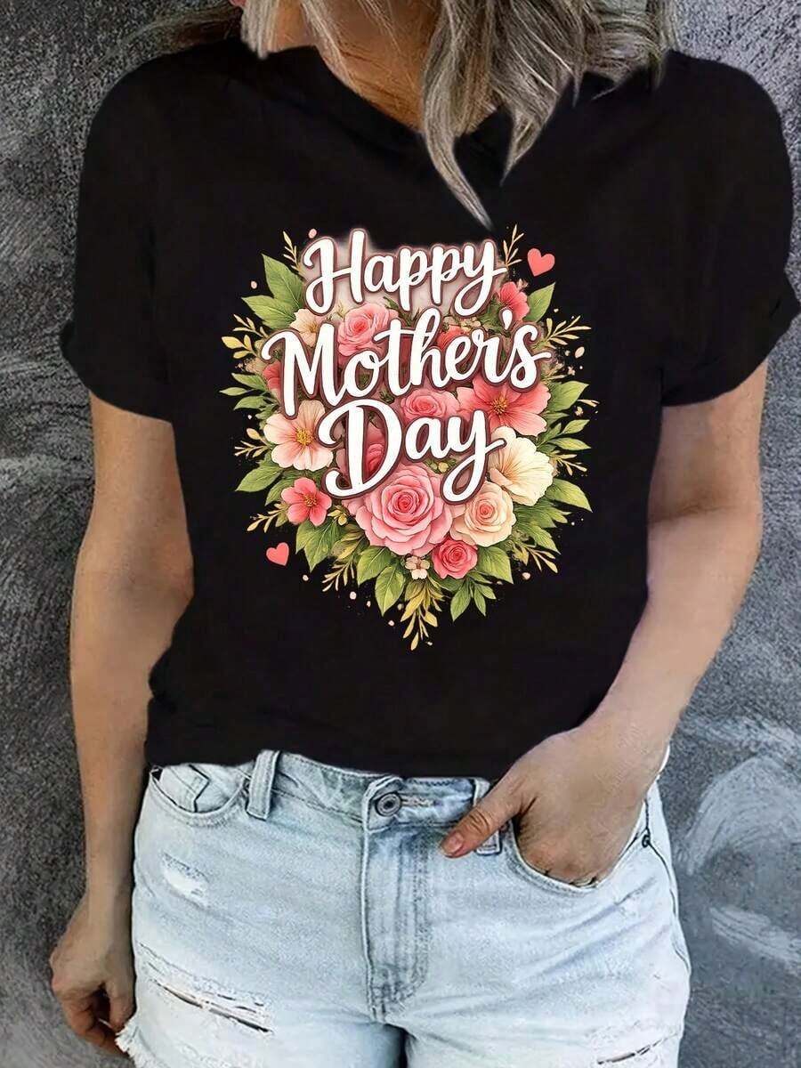 Camiseta de manga corta para mujer "Feliz Día de la Madre" - Estampado floral de corazones en rosa y melocotón, cuello redondo, blusa de manga corta adecuada para todas las estaciones, regalo para mamá o abuela, ajuste casual y cómodo, lavable a máquina. - Negro - Ver 1