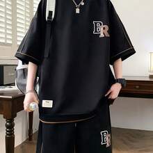 [Pearson'S Choice] Men'S Casual 2pcs Short Sleeve And Shorts Set Men'S Athletic Wear Casual Wear Youth Clothing Men'S Casual Athletic Outfit Fashion Vacation Wear Exercise Clothes Summer Casual Outfit  Outfit Set - màu đen - Xem 1