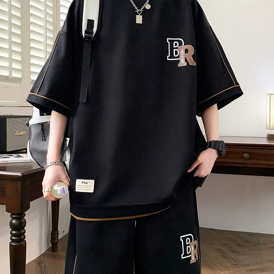 [Pearson'S Choice] Men'S Casual 2pcs Short Sleeve And Shorts Set Men'S Athletic Wear Casual Wear Youth Clothing Men'S Casual Athletic Outfit Fashion Vacation Wear Exercise Clothes Summer Casual Outfit  Outfit Set - màu đen - Xem 1