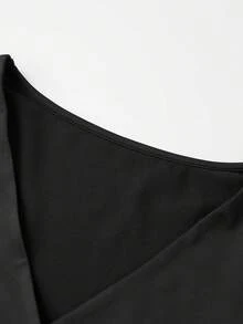 Women Cross Wrap Tops Fashionable Solid Color Long Sleeve Deep V Neck Tie Workout Blouse for Pilates Yoga Ballet - Negro - Ver 7