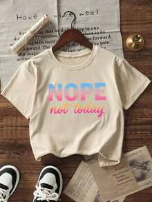 Women's Clothing. Short-Sleeved T-Shirt With A Round Neck, Casual Style, Loose Fit, With A Simple Slogan Print, New Summer Collection For Women,  Everyday Top, Suitable For Daily Wear And Vacations. Women's T-Shirt. Black - 杏色2 - 查看 5