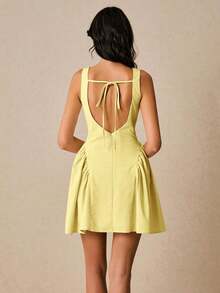 Vestido mini de mujer con cuello de barco, sin mangas, plisado, parche de un solo botonadura y unicolor - Albaricoque - Ver 10