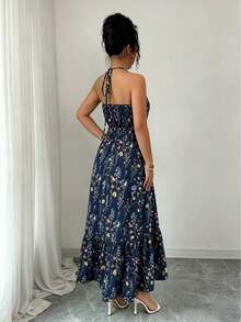 Vestido casual para mujer con camiseta estampada y cintura elástica - azul real - Ver 2