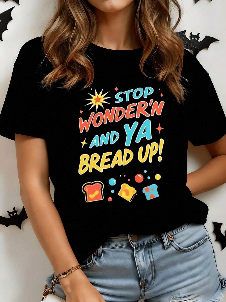Colorful Toast With Motivational Phrases That Inspire Positive Energy And Everyday Joy, Accompanied By Fun Stars And Bubbles. Modern Casual Women's T-Shirt For Everyday Wear. - 黑色 - 查看 1