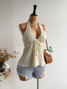 Conjunto de Playa Casual sin Espalda para Mujer, Estilo Bohemio, para Vacaciones, Festival de Música Hawaiana, Vacaciones Tropicales, Top Halter de Verano - Amarillo claro - Ver 5