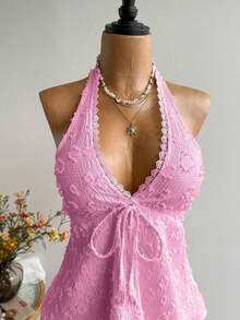 Conjunto de Playa Casual sin Espalda para Mujer, Estilo Bohemio, para Vacaciones, Festival de Música Hawaiana, Vacaciones Tropicales, Top Halter de Verano - Rosa - Ver 4
