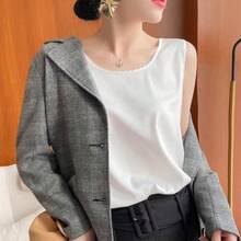 Top de seda para mujer, estilo camiseta con tirantes, de seda de morera satinada, con espalda elegante, en blanco y negro, pa... - Verde claro [un hombro] - Ver 2