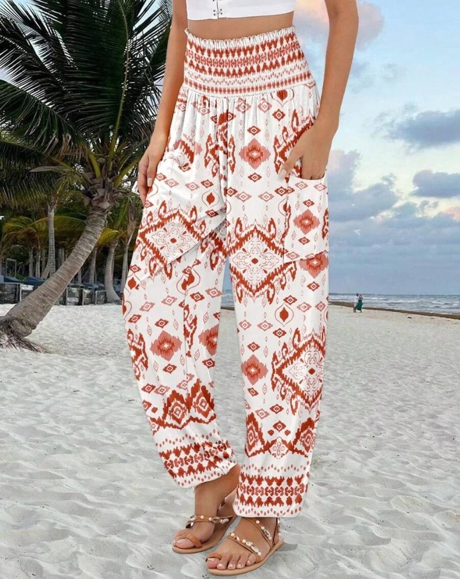 Pantalones Palazzo Holgados con Estampado Bohemio de Cintura Alta para Mujer, con Patrón Floral Geométrico y Bolsillos Laterales, para Vacaciones de Verano en la Playa - NARANJA ROJO - Ver 1