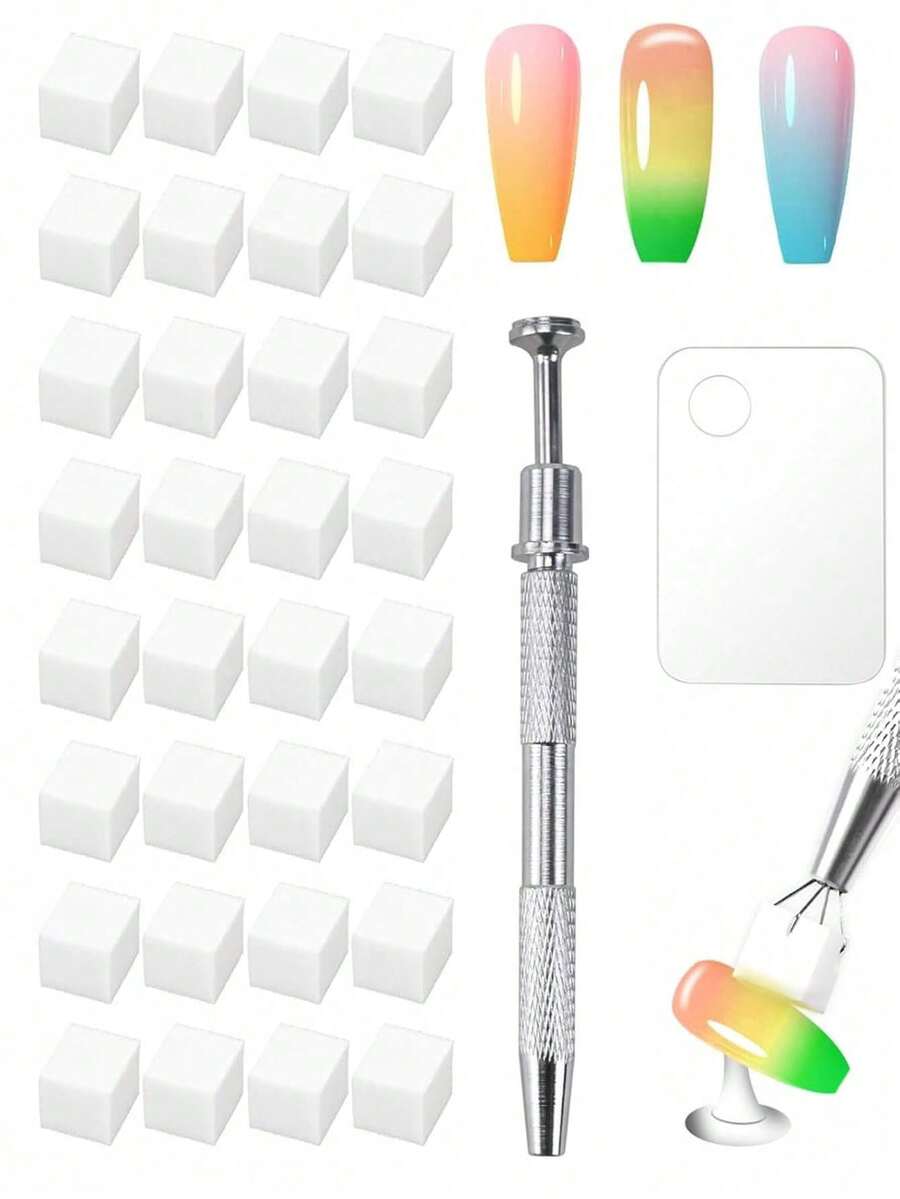 100pcs Soft Gradient Nail Sponges, White Nail Sponges With Grabbing Pen, Acrylic Palette For Gradient Arc Brushing, Suitable For Salon And Home Use - Multicolor - View 1