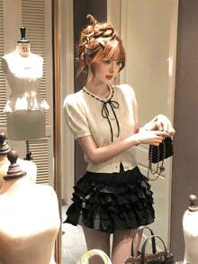 Elegant & Fashionable Short Knit Cardigan, Tie-Front Design, Textured Fabric, Suitable For School, Vacation, Commute, And Dates, Spring/Summer - Apricot - View 2