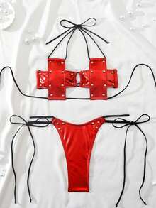 Bộ bikini cao cấp dành cho nữ, màu trơn, gợi cảm, thanh lịch, kiểu cổ yếm, hở lưng, buộc dây, đính đinh tán, chất liệu giả da phản quang, thích hợp cho mùa xuân, hè, thu đi biển, nghỉ dưỡng, spa. Màu đỏ. - Đỏ - Xem 4