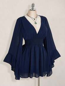 Vestido corto elegante de manga larga con cuello en V y cintura ceñida de unicolor para mujer - Azul marino - Ver 5